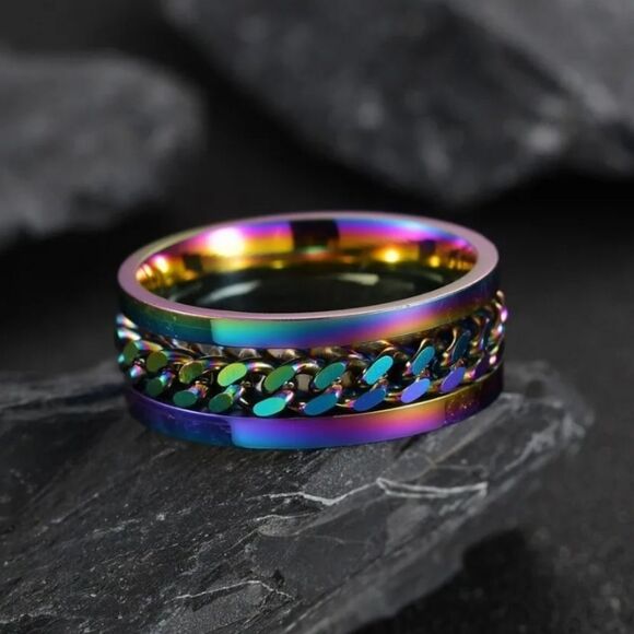 NWT AB Rainbow Oil Spill Stainless Steel Spinner Ring Size 9 - Picture 2 of 7